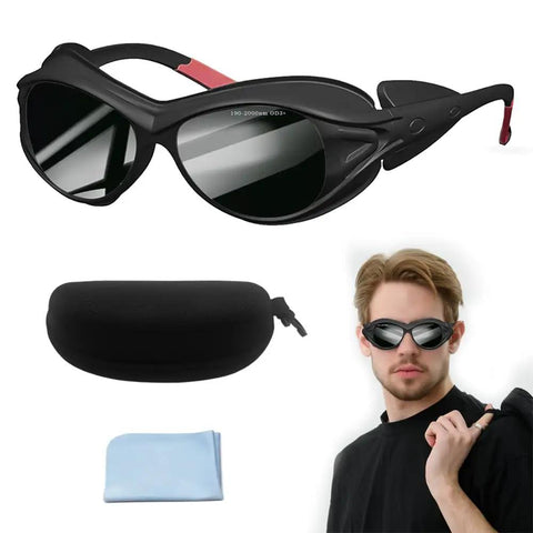 Heavy Duty Red Light Therapy Glasses Featuring Hella Solid Laser Protective Coating and Broad Spectrum Tanning Goggle Eye Defense for Reliable Hair Removal and Clinical Panel Use with carrying case and cleaning cloth.