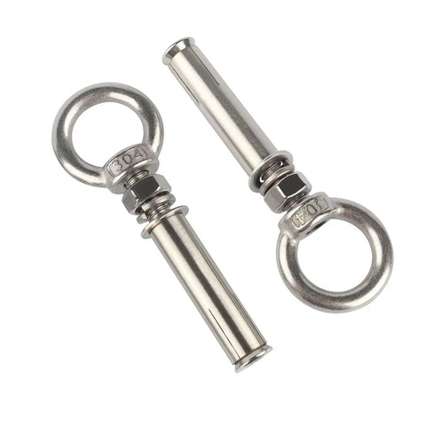Heavy Duty M8 X 70Mm 304 Stainless Steel Expansion Eyebolts For Concrete Wall Sun Shade And Air Conditioner Mounting Kit Built Like A Tank With Zero Slip Grip 4 Pack close-up of two eyebolts showing their durable metal construction.