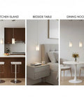 Dual Glass Pendant Lights 2 Pack With Brushed Nickel Finish in kitchen island, beside table, and dining nook settings.