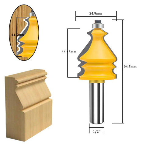 Half Inch Shank Router Bit Set Ten Pieces For Picture Frame Molding And Architectural Forming Woodworking CNC Cutting Bits Carbide Miter Tool Top Notch For Doors Cabinets Drawers showing dimensions