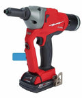 Quarter Inch Cordless Blind Riveter For Milwaukee M18 Fuel Platform Battery Operated with ergonomic grip and battery pack visible.