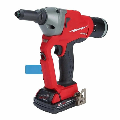 Quarter Inch Cordless Blind Riveter For Milwaukee M18 Fuel Platform Battery Operated with ergonomic grip and battery pack visible.