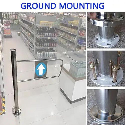 Workhorse Heavy Duty Spring Loaded Swing Gate With Automatic Self Closing Metal Barrier For High Traffic Retail Spaces And Smart Crowd Control 200 By 100 Cms ground mounting detail in store setting