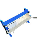 24 Inch Pan And Box Brake for metalworking, blue and silver, bends up to 20 gauge mild steel, with removable fingers, benchtop tool.