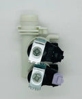 Three Way Water Inlet Valve Solenoid Control For Laundry Machines Built To Last No Fuss Plastic And Metal Construction Fast Precise Flow Switching For Reliable Everyday Appliance Performance. white plastic and metal laundry inlet valve with two solenoids