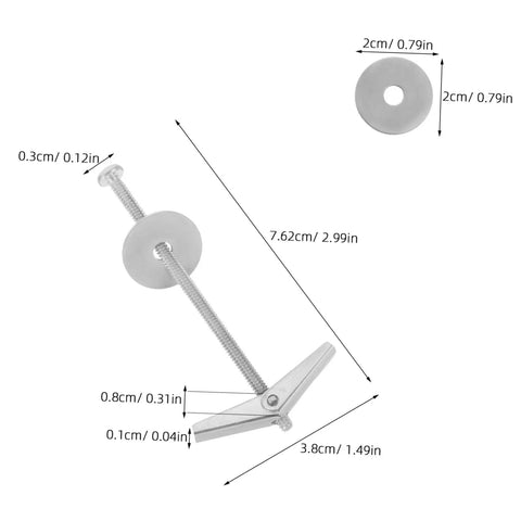 Dimensions of heavy duty toggle bolt anchors with wing nuts kit for drywall, showing measurements and components for mounting.