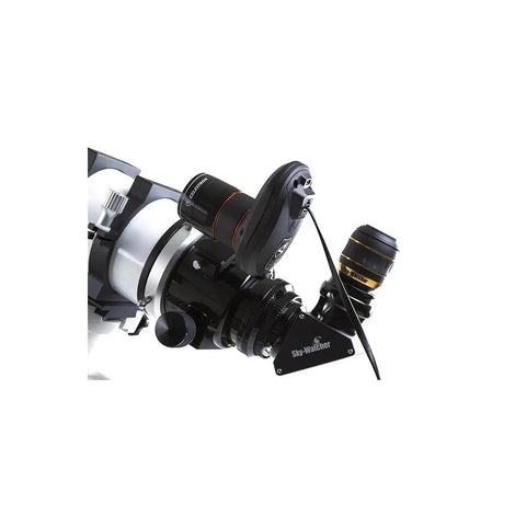 Close-up of StarSense AutoAlign for Sky-Watcher SynScan Mounts attached to a telescope, showing plug-and-play features.