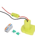 Battery Adapter Conversion Kit With Wire Terminals And Power Connector For DIY Ride On Trucks RC Cars And Robotics Toys Universal Battery Replacement Accessory For Remote Control Vehicles, shown with green ABS base and connectors.