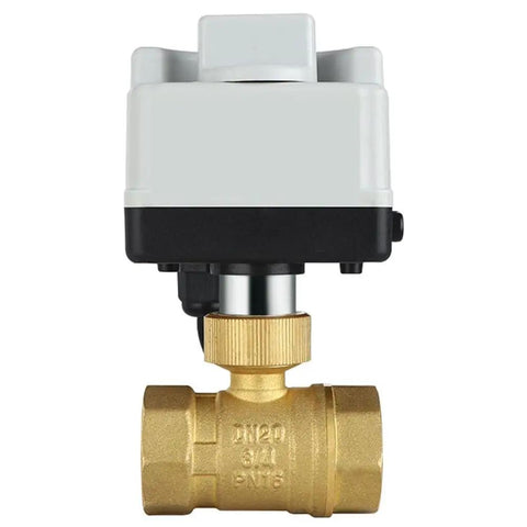 Heavy Duty DN20 Brass Ball Valve Paired With A Knockout 3 Wire Motorized Actuator For Seamless AC220V Control and No Sweat Manual Override for Every Construction Project, front view.
