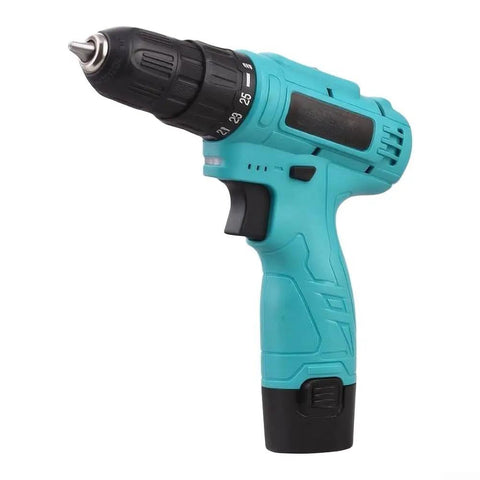 Top Shelf Dual 12V Cordless Drill Kit With 25 Plus One Precision Torque Levels Built In Led Light Two Easy Swap Batteries And Snappy Usb C Charger For Garage Grind No Sweat Ever, side view of teal drill with adjustable torque.