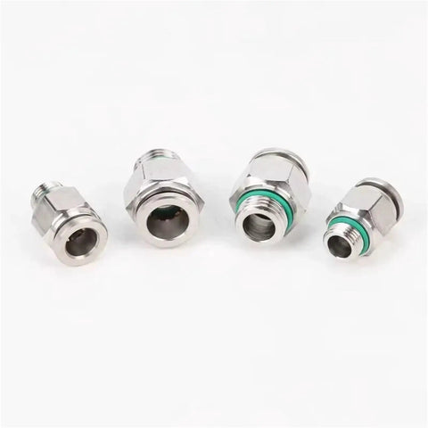 Four connectors from the 10 Piece Quick Release Pneumatic Hose Fittings Set In 304 Stainless Steel Durable Construction With M5 1/8 1/4 3/8 1/2 Connectors For Air Tubing Applications PC6-G04 Pro Grade Heavy Duty For DIY And Industrial Projects displayed on white background.