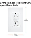 Self-Testing 20-Amp Tamper-Resistant Receptacle With Test Button Every 30 Seconds, satin snow finish, front view with measurements