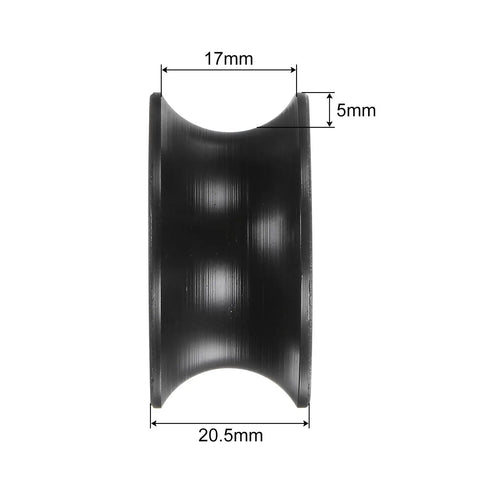 Four Pack U Groove Roller Wheels Featuring Slick Eight Millimeter Bore Bearings For Hassle Free Track Systems Providing Top Notch Motion Control And Dead Smooth Door Glides, showing black wheel profile dimensions 17mm width, 5mm height, and 20.5mm diameter.