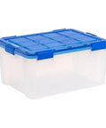 60-Quart Clear Airtight Storage Totes with Secure Latching Lid Stackable Plastic Containers for Garage Basement Closet That Are Built Different and Handle the Heat like Pros, blue latching lid.