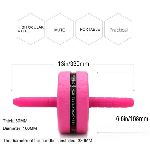 Pink Ab Wheel Roller Set With Cushioned Knee Pad And Cardio Jump Rope For Hardcore Core Training That Delivers Beast Mode Gains And Reliable Power On Your Daily Fitness Grind Journey with measurements shown.