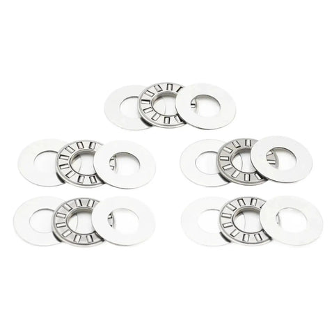 Rock Solid Inch Thrust Needle Roller Bearing Five Piece Set With Two Matching Washers, pre-lubricated washers and bearings shown.