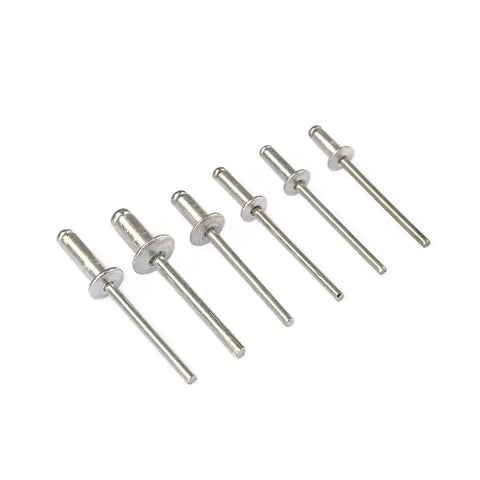Six aluminum rivets from the 120 Piece Blind Rivet Kit With Aluminum Dome Head Rivets M3.2 And M4 on a white background