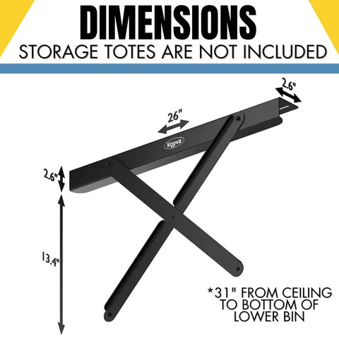 Dimensions of Heavy Duty Dual Rail Overhead Garage Storage System Stacking Ceiling Racks For Tote Bins, black metal construction.