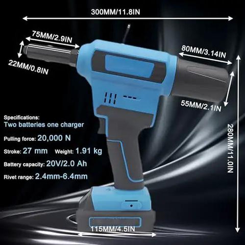 20V Cordless Electric Rivet Gun Tool Free Head Swap dimensions and specifications with battery details.