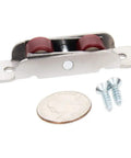 Premium 4 Piece 15 Point 8 Millimeter Wide Nylon Double Pulleys With Heavy Duty Steel Housing That Slides Like Butter For Sliding Doors Windows Cabinets And Drawer Rails with screws and coin for size reference.