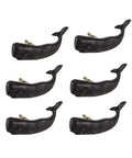 Set Of Six Black Painted Cast Iron Whale Drawer Pulls For Badass Rustic Nautical Furniture Decor With Hella Cool Handcrafted Aged Finish And Sweet Coastal Vibe. Six whale-shaped drawer pulls in black cast iron.