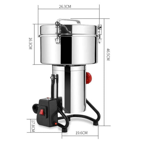 Beast 4500W Electric Grain Mill Grinder with funnel and motor, dimensions displayed, all-copper, high-speed motor for home or farm use