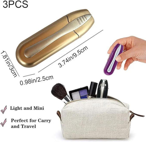 Front view of a three-piece eyeglass cleaning kit with a purple portable cleaner and beige travel pouch.