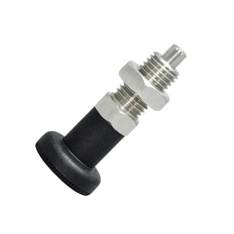 Badass Stainless Steel Self Locking Knob Plunger With Rad Spring Return Design Straight Up Durable Fine Thread Screw M12 size close-up image.