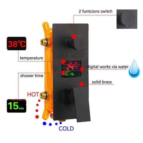 Badass Matte Black Ceiling Mount Shower System With Digital Display Mixer Tap And Ultra Thin Rainfall Head Delivering Epic Pressure For Your Ultimate Chill Bathroom Vibe Upgrade digital control panel showing temperature and time.