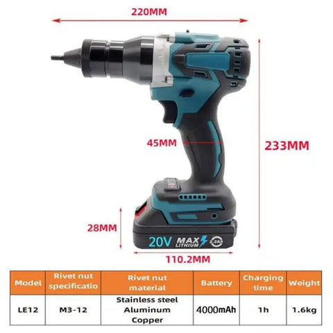 Built Tough Heavy Duty Cordless Electric Rivet Gun With 26V Rechargeable Battery And 5200 Mah Pack side view with dimensions for M3 to M12 rivet nuts.