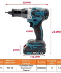 Heavy Duty Brushless Cordless Rivet Gun With Rock Solid 5200 Mah Battery And Bright Led Work Light side view with dimensions displayed.