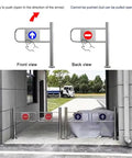 Badass Heavy Duty Automatic Swing Gate With Spring Loaded Pedestrian Barrier, Damn Tough Metal Build, front and back view diagrams.
