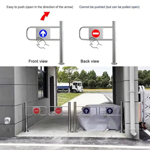 Badass Heavy Duty Automatic Swing Gate With Spring Loaded Pedestrian Barrier, Damn Tough Metal Build, front and back view diagrams.
