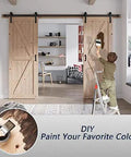 Child painting Rock Solid Double Barn Door System With Full Hardware Kit Hella Smooth Gliding Spruce Wood Room Divider.