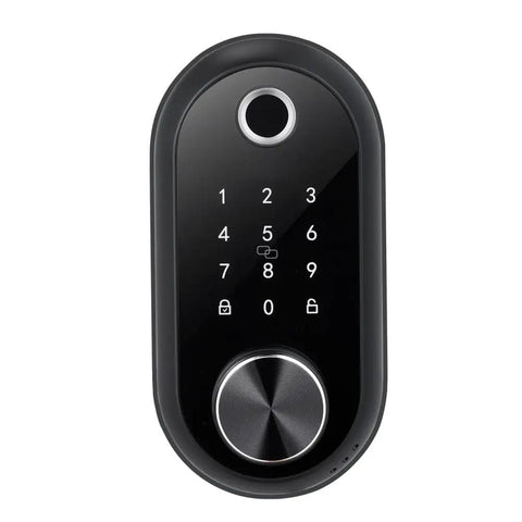 Premium Matte Black Smart Biometric Door Lock With Touchscreen Keyless Entry Featuring Boss Level Fingerprint Security And No Sweat Operation For Your Home Or Apartment - Front view with numeric keypad.