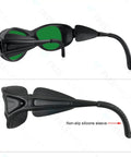 Top Shelf Pro Grade Dual Band Laser Safety Glasses With Heavy Duty Optical Density Shielding For Violet Red And Infrared Lasers side view with non-slip silicone sleeve.