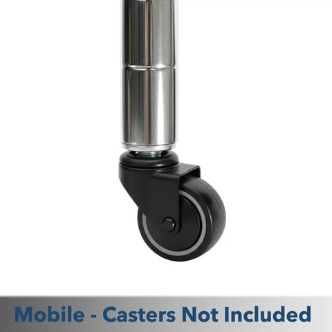 Straight-Up Heavy Duty Mobile Wire Shelving Posts, Adjustable Uprights 8 To 86 Inches, Pack Of 4 Replacement Poles For Kitchen Storage, Chrome Black Or Green Epoxy, Built Tough And Ready To Roll - close-up of a black caster wheel under a chrome post.