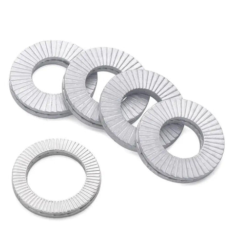 Double Layer Self Locking Belleville Washers For Auto And Industrial Use, Vibration Resistant Anti Loosening Fasteners, Heavy Duty Hardware In Stainless Steel Or Dacromet Finish For Harsh Outdoor, Chemical, Or Construction Equipment Maintenance. stainless steel washers