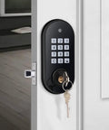 Rock Solid Electronic Keypad Deadbolt With Automatic Locking, black keypad lock on door with a key.