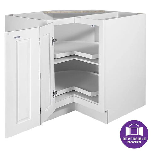 36 Inch White Corner Kitchen Cabinet With Dual Lazy Susan Spin Shelves And Smooth Operator Soft Close Doors, open view with reversible doors.