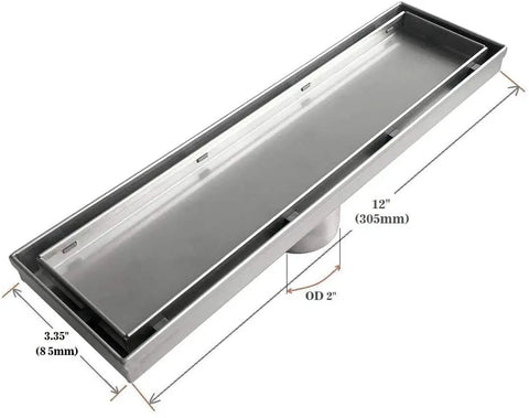Super Sleek 12 Inch Linear Shower Drain With Brushed Finish And Sweet Tile Insert Cover That Uses A Shallow V Design.