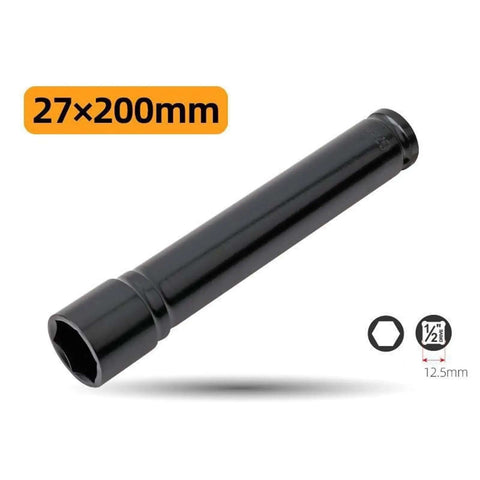 Knockout Heavy Duty Impact Sockets One Half Inch Drive 200mm Long Deep Hex Sockets For Electric Wrenches 27mm size displayed.