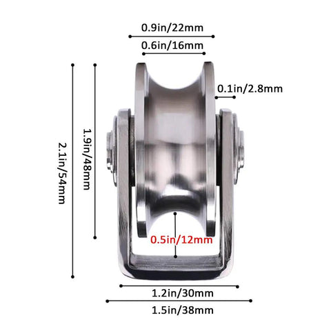 Heavy Duty Roller Wheels, 2 Pack U Groove Track Carriage Wheels, detailed size measurements and angles of stainless steel wheels.