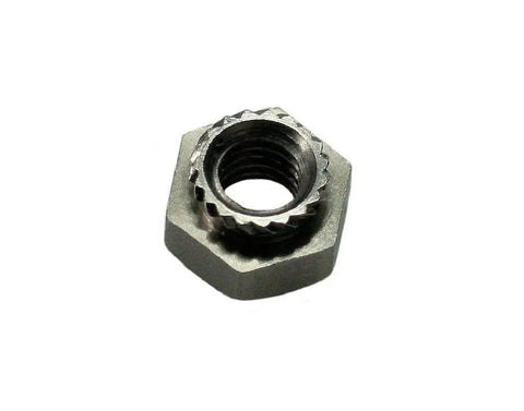 Ace Stainless Steel Hex Broach Nut With M3 Thread And Rock Solid Grip. Detailed view of nut for sheet metal fastening.