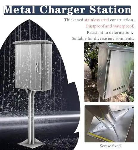 Tough As Nails Waterproof EV Charger Box Cover With Lockable Electric Vehicle Charging Station Enclosure and Heavy Duty Outdoor Pedestal Guard for Your Road Warrior Rig, stainless steel construction, waterproof.