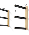 Handcrafted Natural Wood Wall Mount Skateboard Rack Holds Three Longboards And Snowboards Featuring Protective Cushioned Sleeves with dimensions.