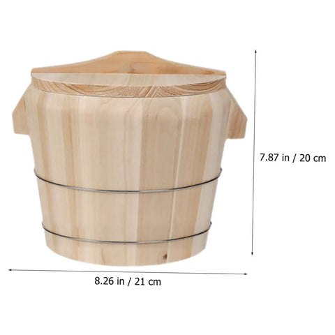 Premium Handcrafted Wood Steamed Rice Bucket With Lid, Round Beige Cask Storage Bin, 8.26 in diameter, for grains on kitchen counter.