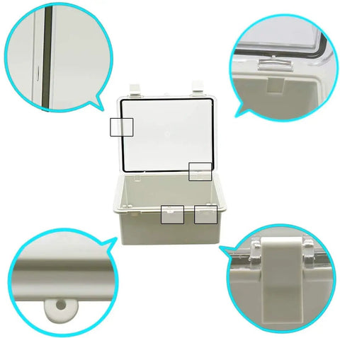 Outdoor Waterproof Junction Box With Clear Hinged Cover IP65 ABS Plastic Enclosure open showing mounting details