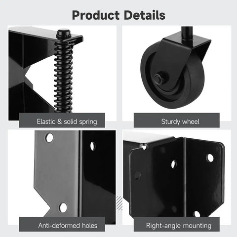 Heavy Duty Spring Loaded Gate Caster With Adjustable Roller For Easy Swing And Zero Sag On Wood Or Metal Yard Fences Featuring Swivel Mount Plate close-up of spring, wheel, and mounting holes.