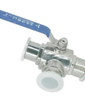 Heavy Duty 304 Stainless Steel Three Way Ball Valve With T Port And L Port Configurations for plumbing with blue lever.